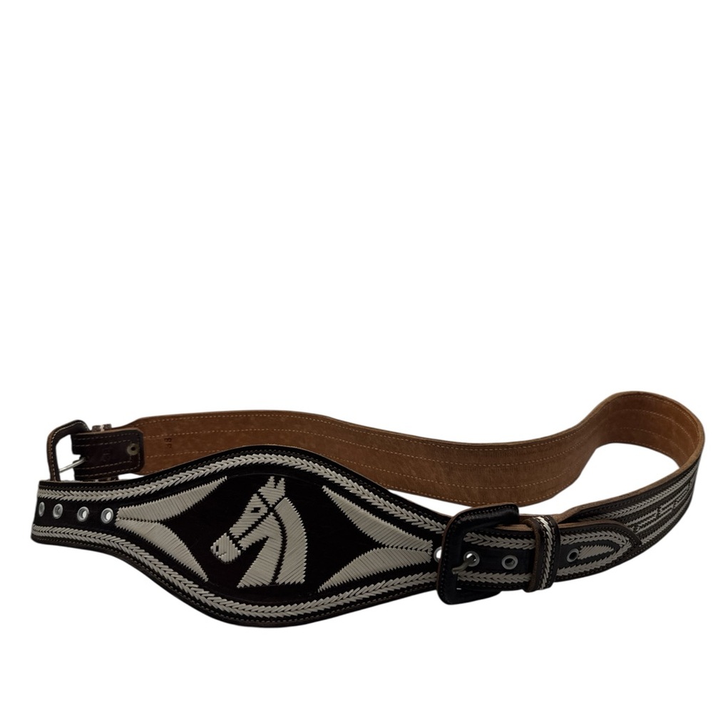 Horse inspired leather size 38 leather belt white brown‎ design detailing